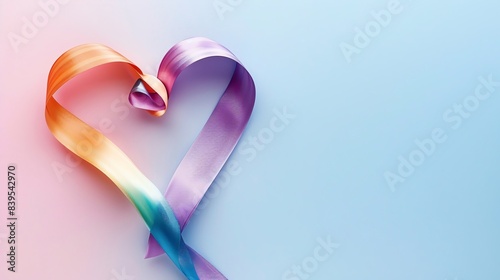 Heartshaped rainbow ribbon, blank space, minimalism, negative space, template, pride month LGBTQIA theme, pastel floral wallpaper photo