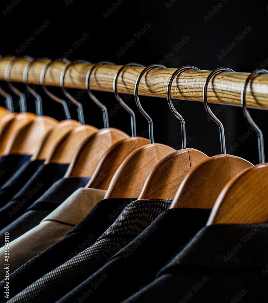 Fototapeta premium Mens shirts, suit hanging on rack. Suits for men hanging on the rack. Mens suits in different colors hanging on hanger in a retail clothes store, close-up
