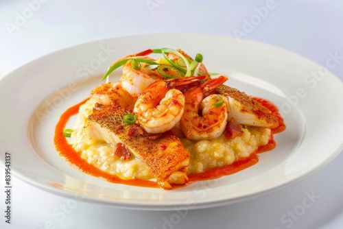 Cajun Seafood with Bacon Cheddar Grits and Red Pepper Coulis