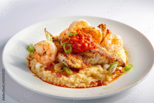 Cajun Seafood with Bacon Cheddar Grits and Red Pepper Coulis