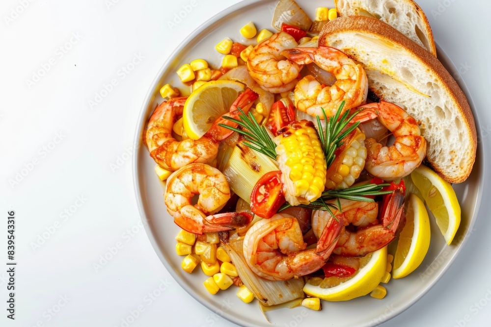 Cajun Shrimp and Corn with Lemon Wedges and Crispy Baguette Slices Cajun Shrimp and Corn with Lemon Wedges and Crispy Baguette Slices