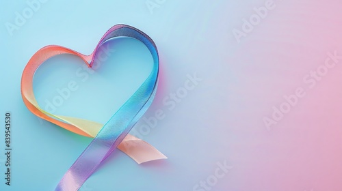 Heartshaped rainbow ribbon, blank space, minimalism, negative space, template, pride month LGBTQIA theme, pastel floral wallpaper photo