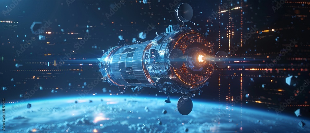 Fototapeta premium A futuristic spaceship travels through space near Earth with debris floating around, showcasing advanced technology and interstellar exploration.