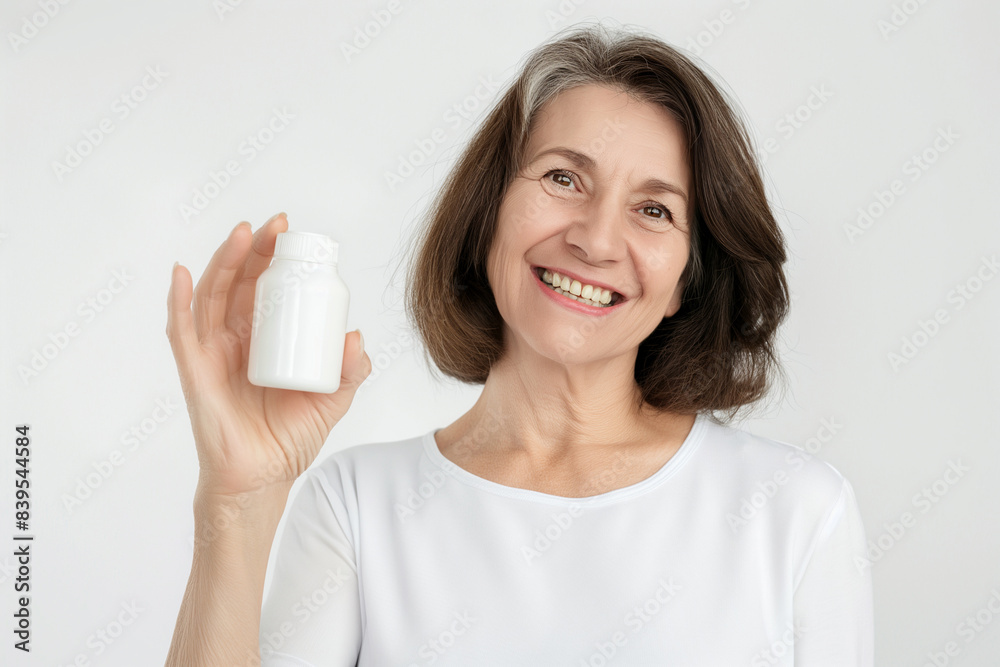 A smiling woman of 65 years old with a white jar in her hand on a white background. Photos for advertising medicines and biologically active additives. A smiling woman of 65 years old with a white jar in her hand on a white background. Photos for advertising medicines and biologically active additives.