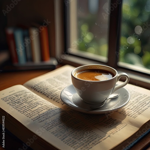 a cup of coffee sits on a book with the words coffee on it.