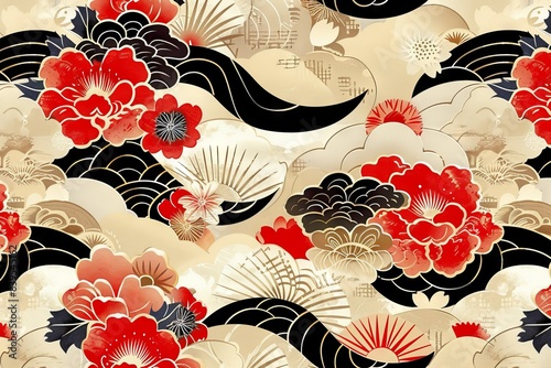 a traditional Japanese-inspired pattern. It showcases red cherry blossoms blooming on black branches wavey background