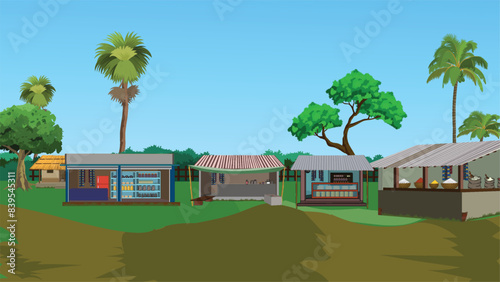 Indian village shop landscape. Village road background. Asian village grocery shop market 2d vector 
