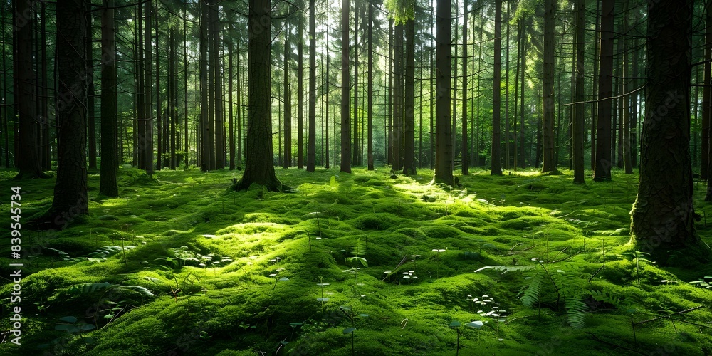 Fototapeta premium Enchanting Scandinavian Forest Abundant Trees, Green Moss, and Sunlight Filtering Through. Concept Scandinavian Forest, Trees, Green Moss, Sunlight Filtering Through, Enchanting Scenery