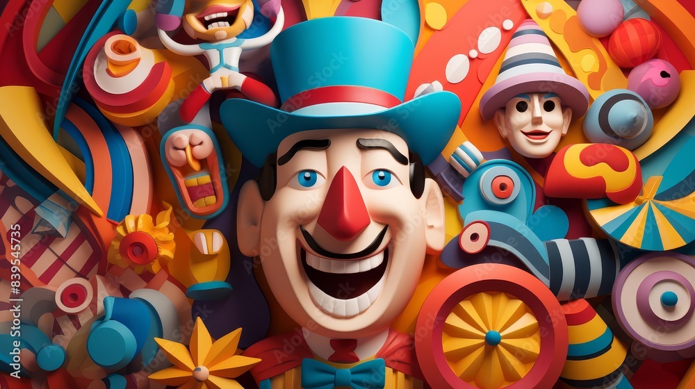 Funny man flat design top view carnival scene 3D render Triadic color scheme Funny man flat design top view carnival scene 3D render Triadic color scheme
