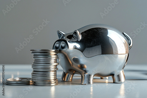 Silver pig bank, silver coins, money. Resourceful budget savvy and money saving concept.  photo