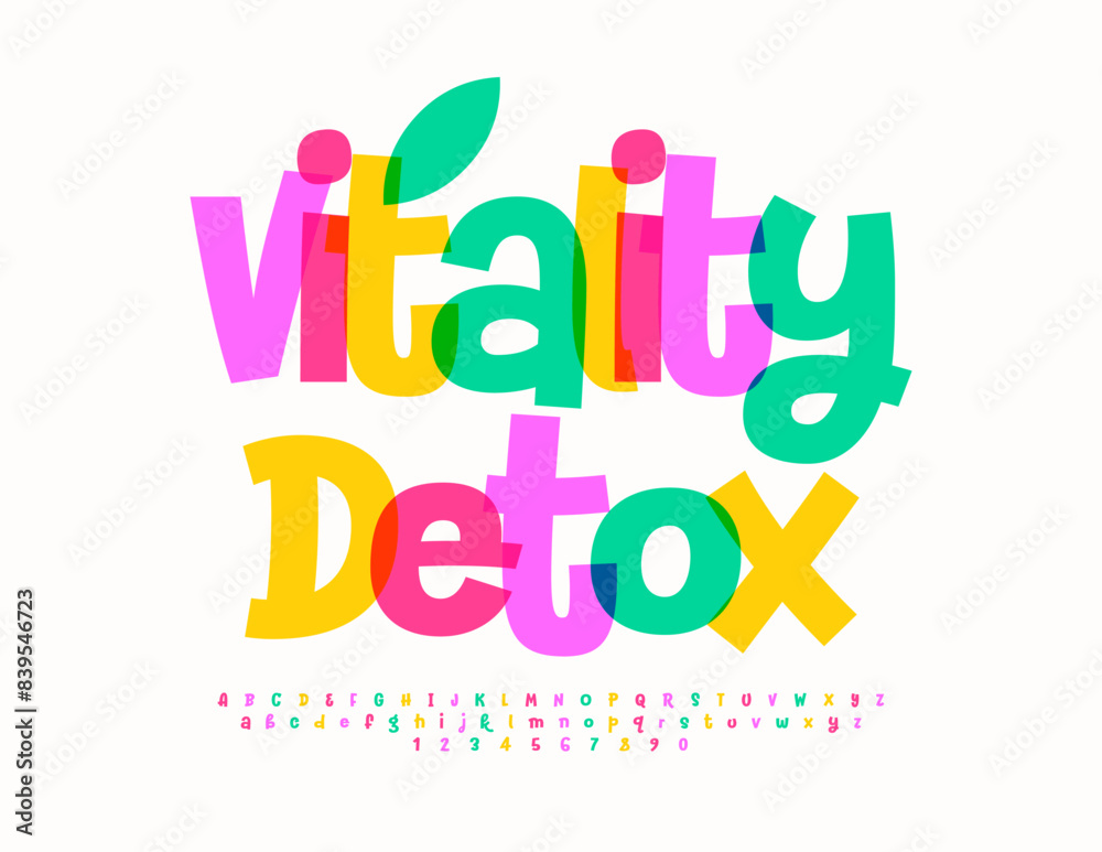 Vector bright sign Vitality Detox with decorative Leaf. Watercolor artistic Font. Colorful Alphabet Letters and Number set Vector bright sign Vitality Detox with decorative Leaf. Watercolor artistic Font. Colorful Alphabet Letters and Number set