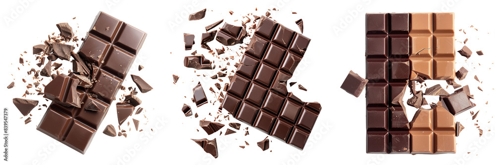 Obraz premium Set of Close-up of a dark and milk chocolate bar breaking apart isolated on transparent background