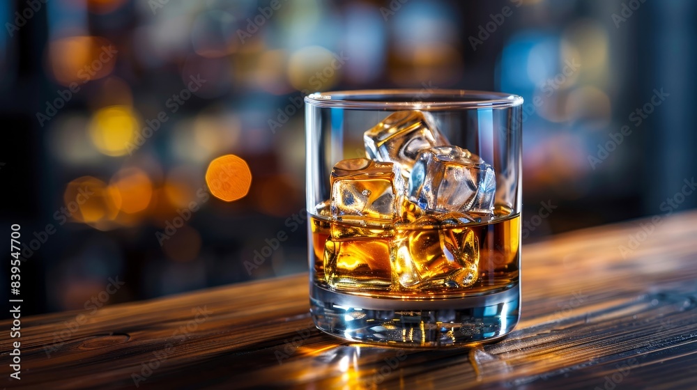 Close-up of a whiskey glass with ice cubes on a wooden bar counter, illuminated by warm, ambient lighting in the background. Close-up of a whiskey glass with ice cubes on a wooden bar counter, illuminated by warm, ambient lighting in the background.