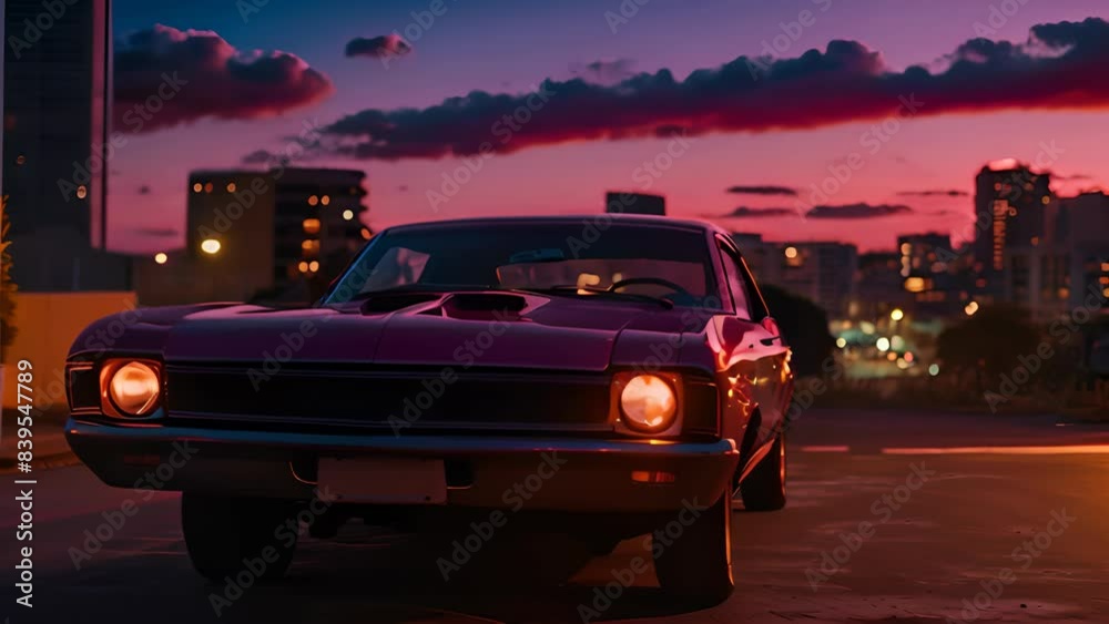 Vintage muscle car parked on the street at night. 80s styled synthwave retro scene with powerful drive in evening