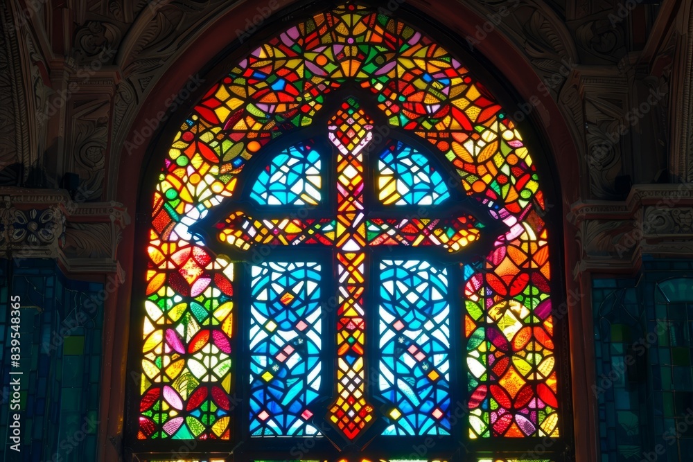 Colorful and beautiful stained glass window of an Christian Cross in a gorgeous majestic frame Colorful and beautiful stained glass window of an Christian Cross in a gorgeous majestic frame