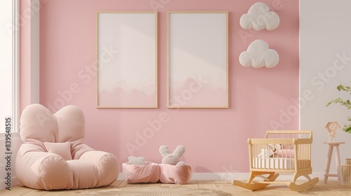 Mock up poster frame in children room,kids room,nursery mockup,3d rendering