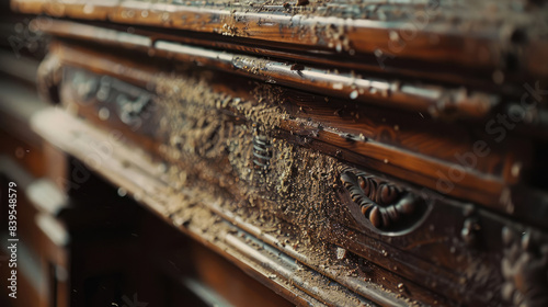 Detail of an ancient furniture. Dust on old antique furniture
