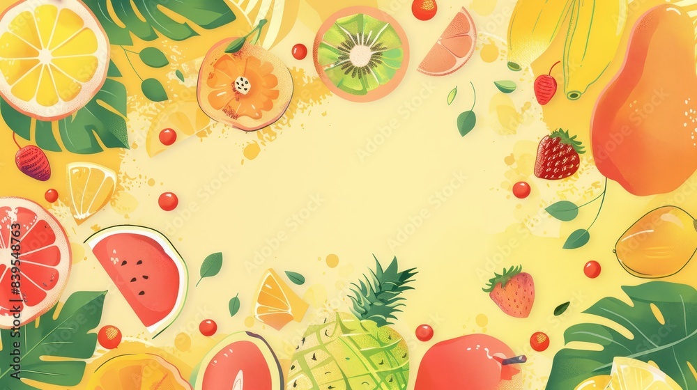 Tropical fruit background with ample copy space, including a variety of colorful summer fruits. Perfect for refreshing and vibrant imagery Tropical fruit background with ample copy space, including a variety of colorful summer fruits. Perfect for refreshing and vibrant imagery