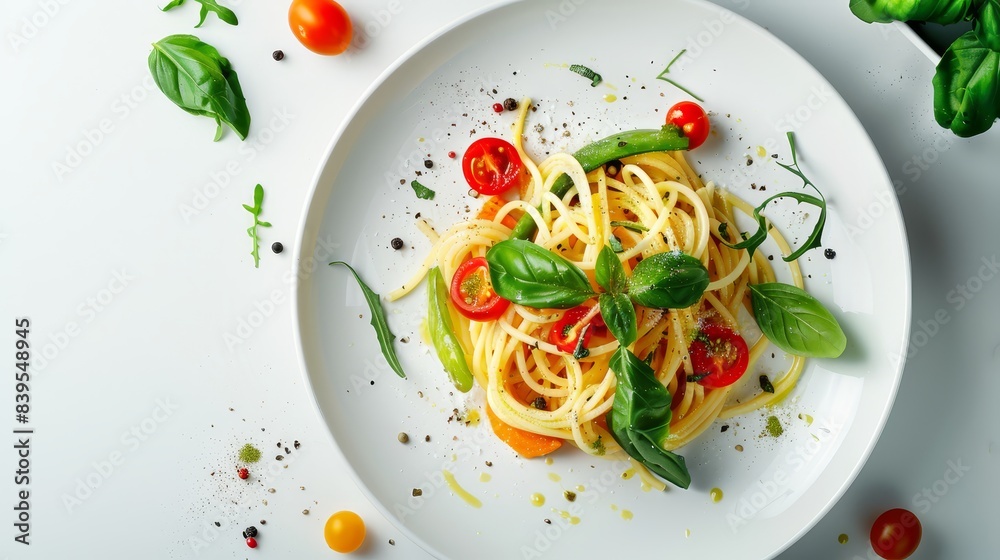 Vibrant spring vegetables star in this delectable pasta primavera, minimalistic design, photorealistic, vibrant, overlay, white plate Vibrant spring vegetables star in this delectable pasta primavera, minimalistic design, photorealistic, vibrant, overlay, white plate