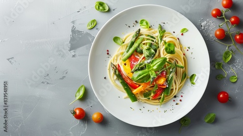 Vibrant spring vegetables star in this delectable pasta primavera, minimalistic design, photorealistic, vibrant, overlay, white plate