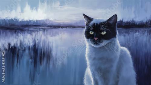 Black and white cat appears to be surveying its surroundings with a piercing gaze, exuding an air of mystique with minimal purple tonalism color palette capturing the serene beauty of twilight. photo