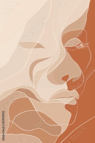 minimalist abstract portrait of a face with closed eyes. The face is rendered in soft, warm brown tones with delicate lines forming a unique and calming pattern.