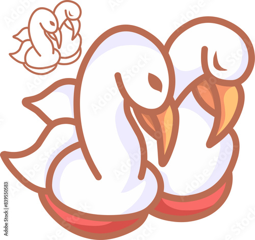 icon of two affectionate swans close together in simple cartoon style accompanied by sketch lines