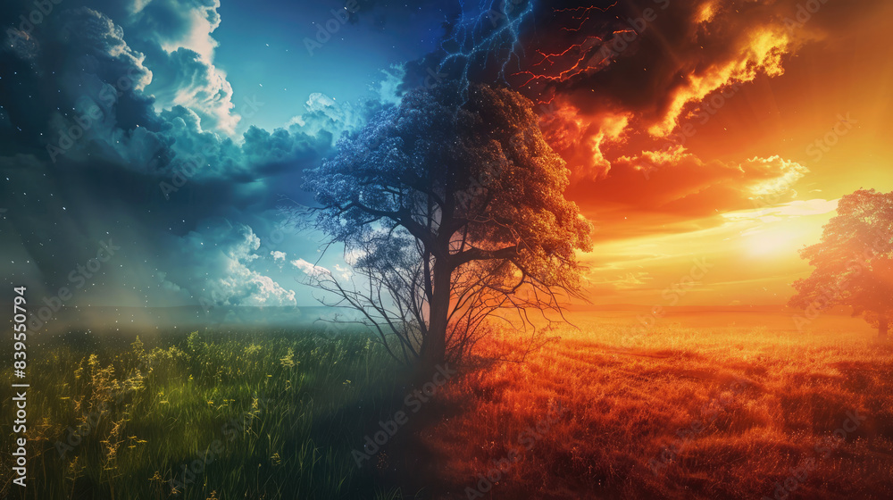 Naklejka premium Dual weathered landscape with a striking tree among contrasting elements