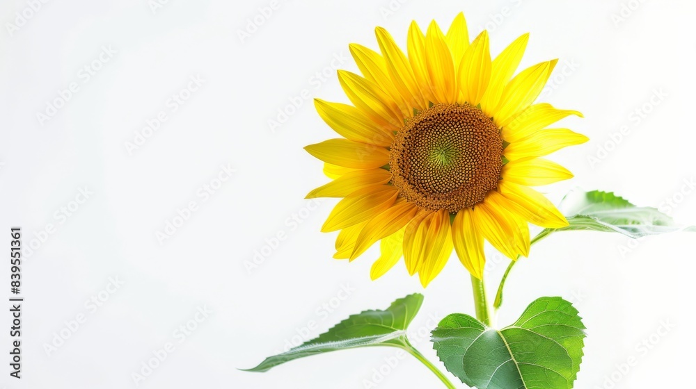 Fototapeta premium Single Sunflower With Green Leaves Copyspace Against a White Background
