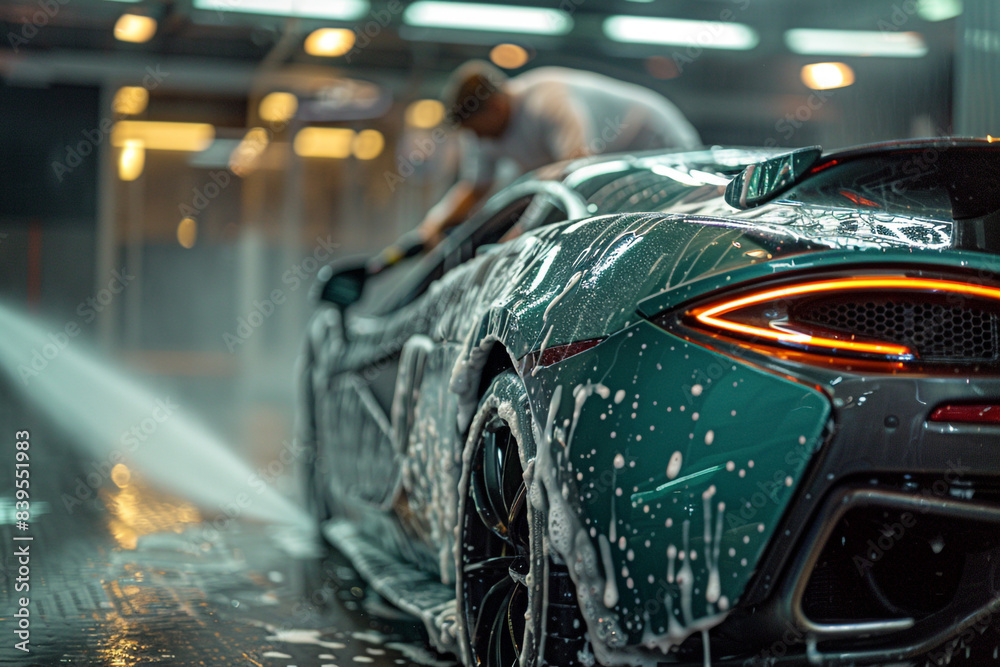 Detailed Car Wash Scene: Expert Using Pressure Washer on a Seafoam Green Modern Sportscar, sparkling clean finish.