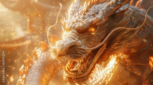 An illustration of a terrifying fantasy animal named a dragon that has all golden skin, a long body, sharp teeth, and two beautiful horns is flying in the sky among Chinese buildings. © Surachetsh