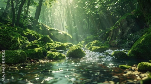 A peaceful forest stream winding its way through moss-covered rocks, with sunlight filtering through the canopy. 8k, full ultra HD, high resolution, cinematic photography