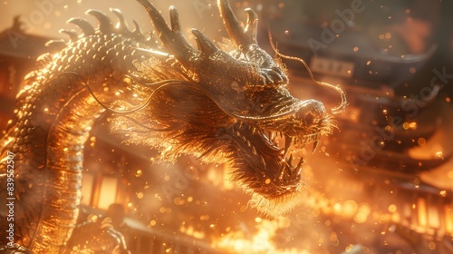An illustration of a terrifying fantasy animal named a dragon that has all golden skin, a long body, sharp teeth, and two beautiful horns is flying in the sky among Chinese buildings.