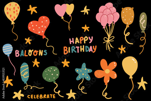 Balloon colourful icons. Balloon with string in line cartoon style. Different shapes of ballons for birthday, party and wedding. Black contour of baloon silhouettes in doodle minimal style. Vector.