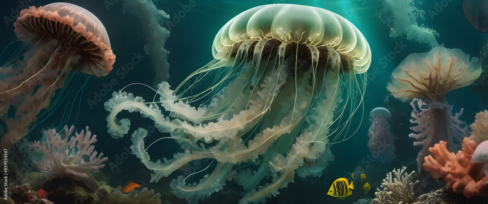 Obraz premium Black and Green: Portrait of a ghostly jellyfish and coral and fish, shiny aura, highly detailed, gold filigree, intricate motifs, organic tracery, perfect composition, smooth, sharp focus, sparkling 