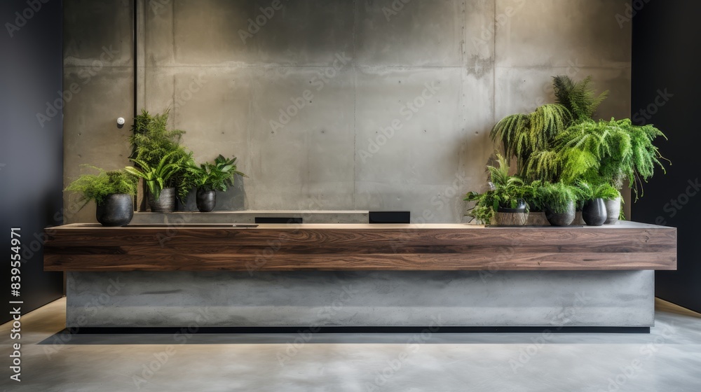 Modern wooden desk in office reception with soft lighting, corporate interior design