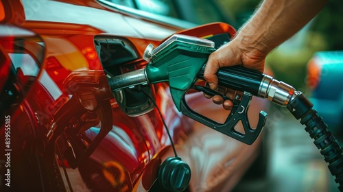 Man filling up car with green fuel at gas station