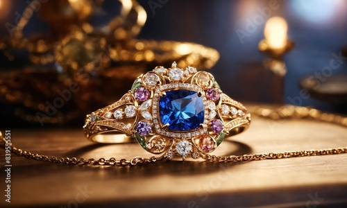 jewelry diamond ring on wooden table with bokeh background. ai generative