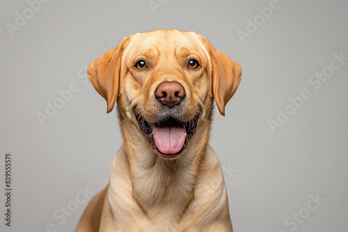 Head shot of a labrador retriever dog looking at the camera on a gray studio background