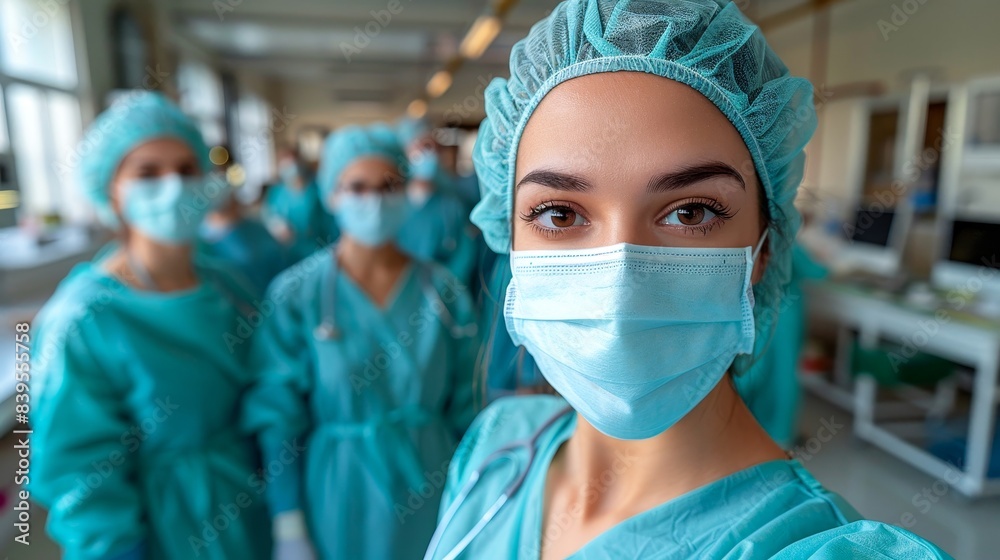 Healthcare professionals wearing protective masks and scrubs stand together in a medical facility, showcasing teamwork and readiness. Healthcare professionals wearing protective masks and scrubs stand together in a medical facility, showcasing teamwork and readiness.