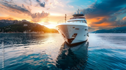 Majestic luxury yacht sails into a spectacular sunset over calm waters