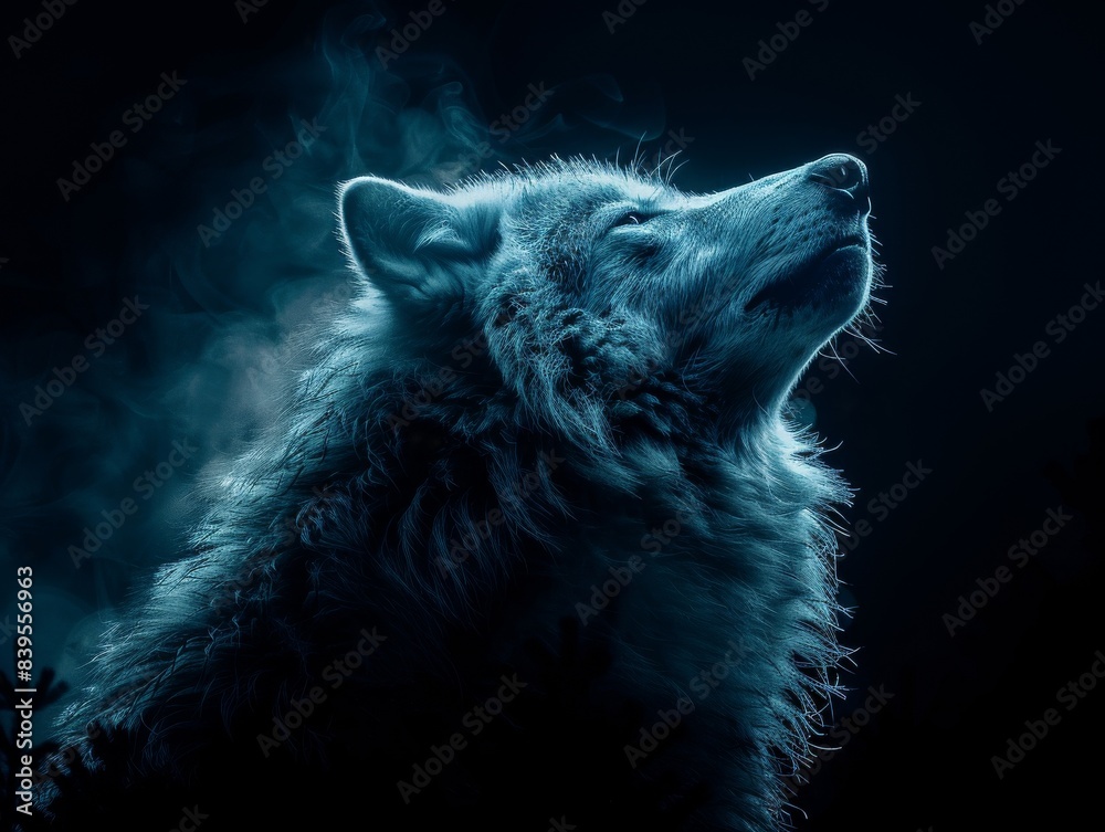 Obraz premium Mystical Wolf Howling at Moon in Double Exposure Silhouette - Dark and Enigmatic Wildlife Concept with Copy Space