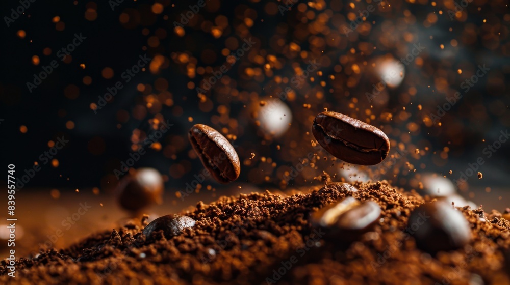 Close up of suspended whole coffee beans with coffee dust particles in the air a mesmerizing view Close up of suspended whole coffee beans with coffee dust particles in the air a mesmerizing view