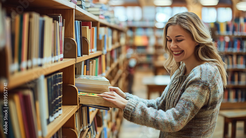 Joyful Woman Selecting Books in a Cozy Library Setting
