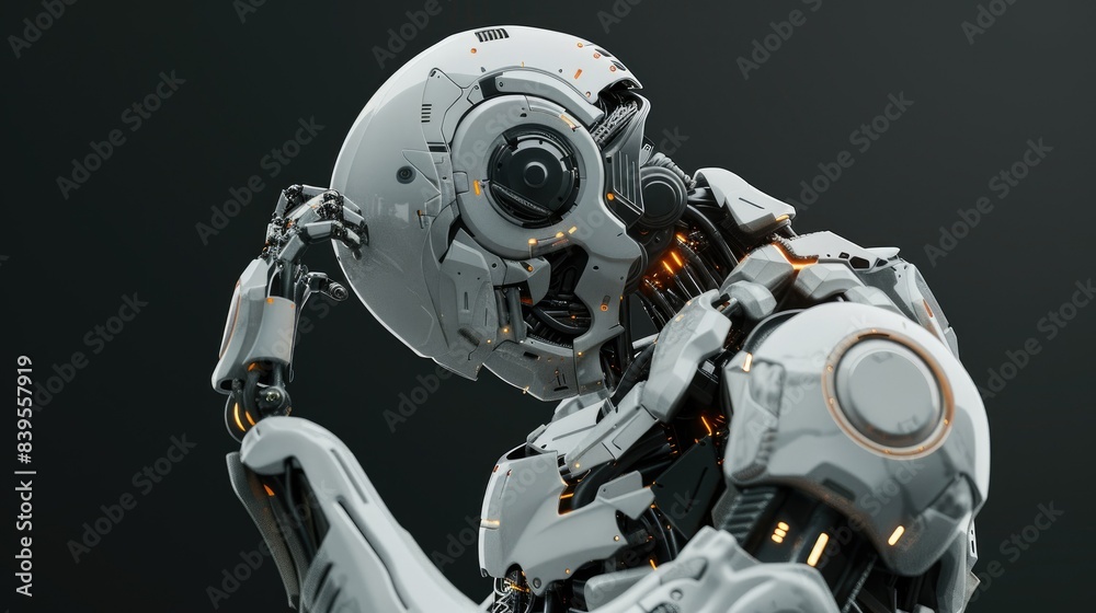 Alien robot or detailed humanoid cyborg looking at his arm. Upper body isolated on black background. 3d rendering AI generated Alien robot or detailed humanoid cyborg looking at his arm. Upper body isolated on black background. 3d rendering AI generated