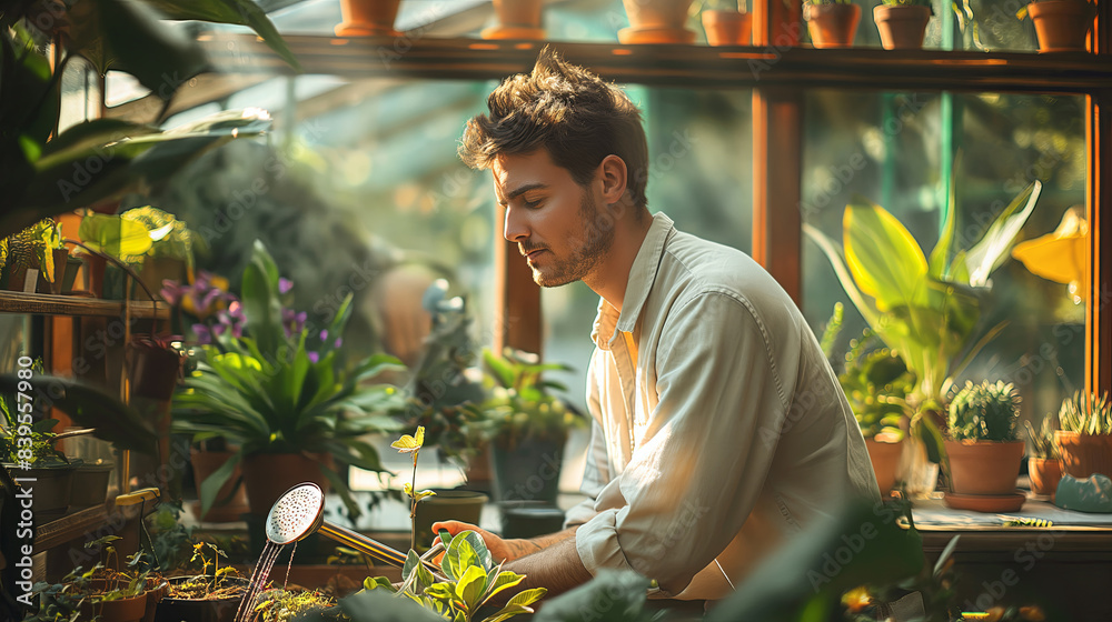 Handsome Young Man Tending Plants in a Sunlit Greenhouse Handsome Young Man Tending Plants in a Sunlit Greenhouse