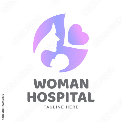Woman's hospital creative logo design with mom and baby with heart vector illustration. Pregnant woman logo design vector, Healthcare minimal logo design template, maternity logo.