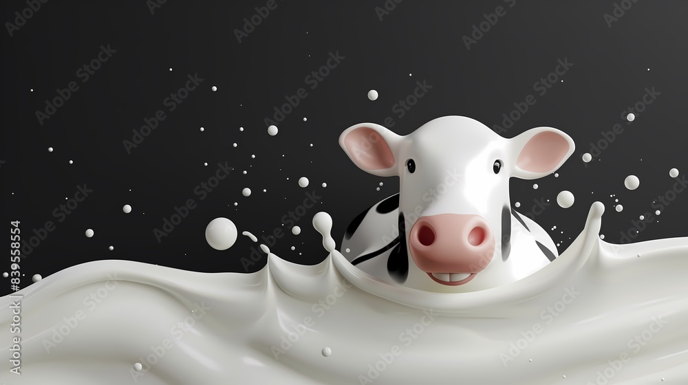 Splash of milk and cute cow with blank space background for advertising Splash of milk and cute cow with blank space background for advertising