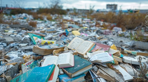 Wallpaper Mural Abandoned books scattered among waste in a landfill, creating a somber sight Torontodigital.ca