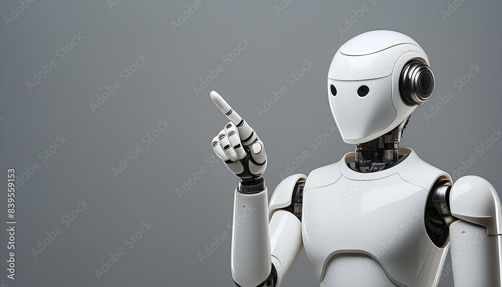Naklejka premium Robot hand pointing at page with space for text, white artificial hand making gesture, isolated on gray background